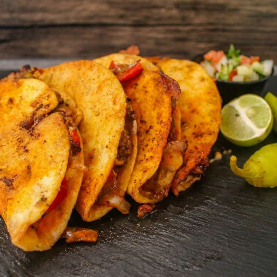 Golden crispy tacos filled with meat and vegetables, served on a black slate board with lime, pickled pepper, and salsa.