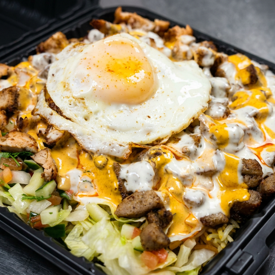 Loaded takeout tray topped with a fried egg, seasoned meat, melted cheese, creamy sauce, rice, and fresh salad.