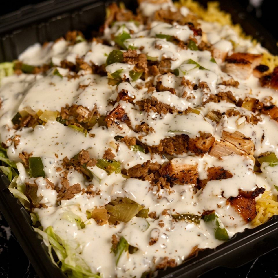 Takeout tray filled with grilled chicken, seasoned ground meat, lettuce, rice, peppers, and creamy white sauce.
