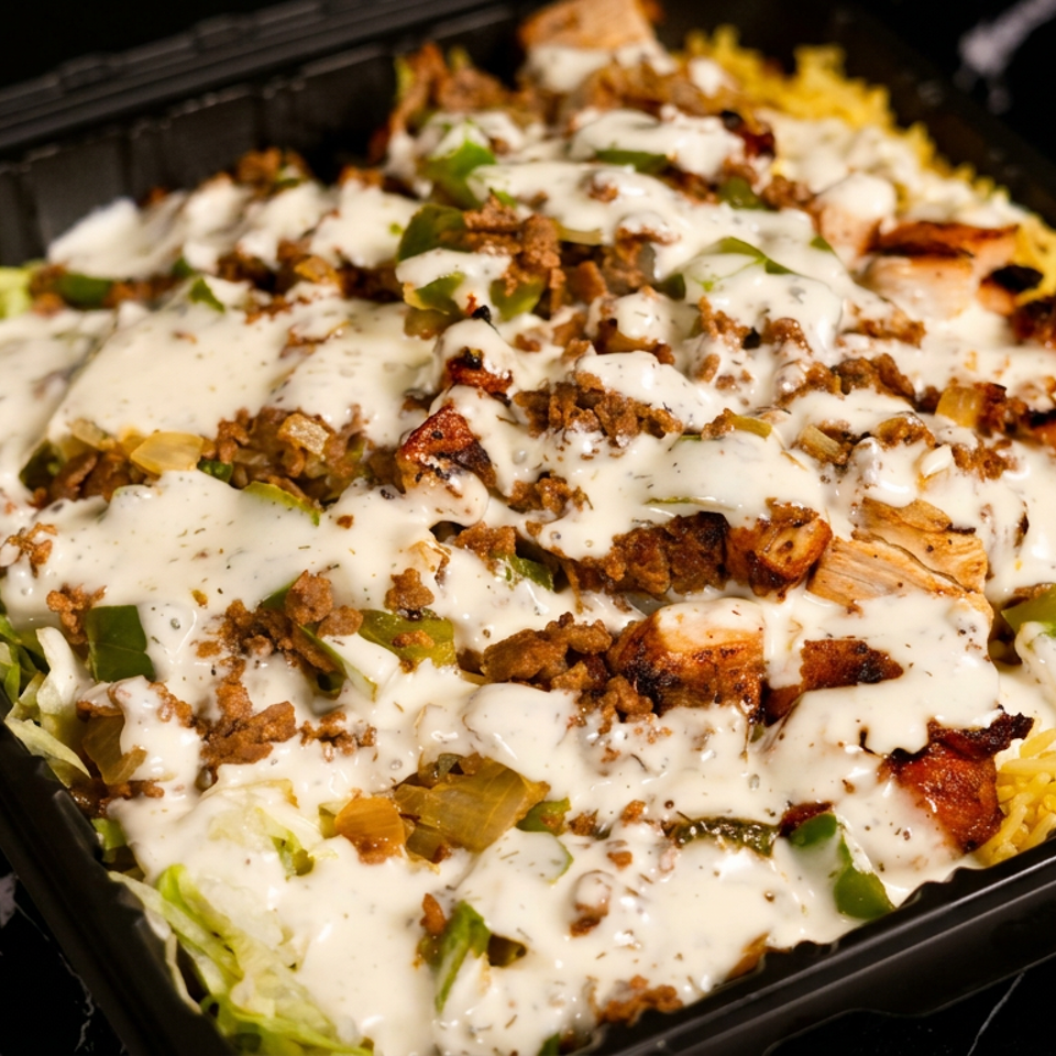 Takeout tray filled with yellow rice, lettuce, grilled chicken, seasoned meat, vegetables, and creamy white sauce.
