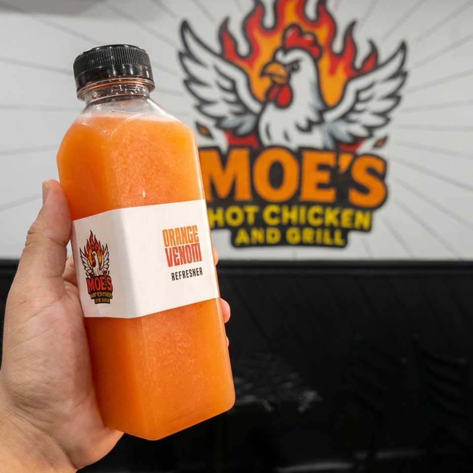 Hand holding a bottle of Moe’s Orange Vegnon hot sauce in front of the restaurant’s flaming chicken logo.