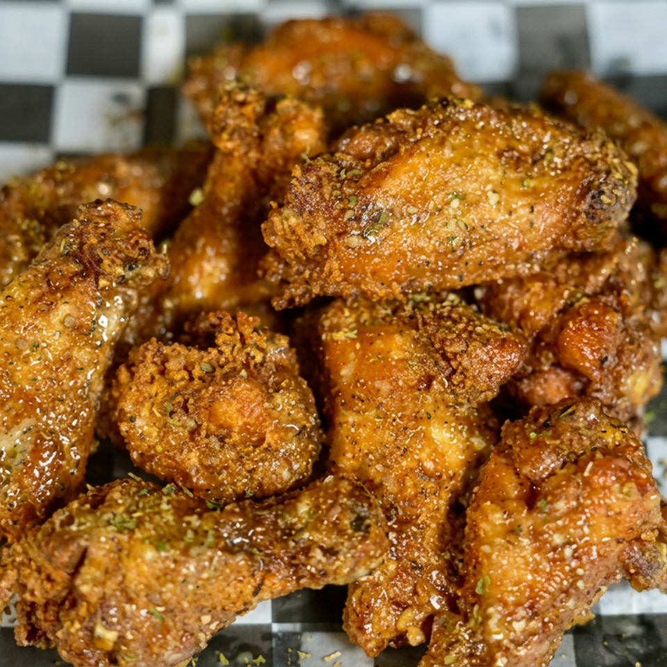 Pile of crispy seasoned fried chicken wings on black-and-white checkered paper.