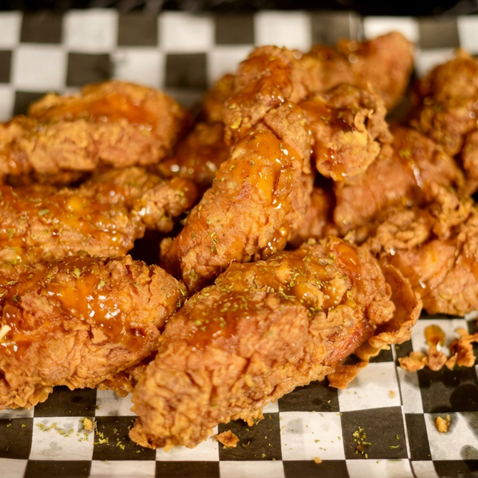 Crispy fried chicken tenders coated in glossy orange sauce, piled on black-and-white checkered paper.