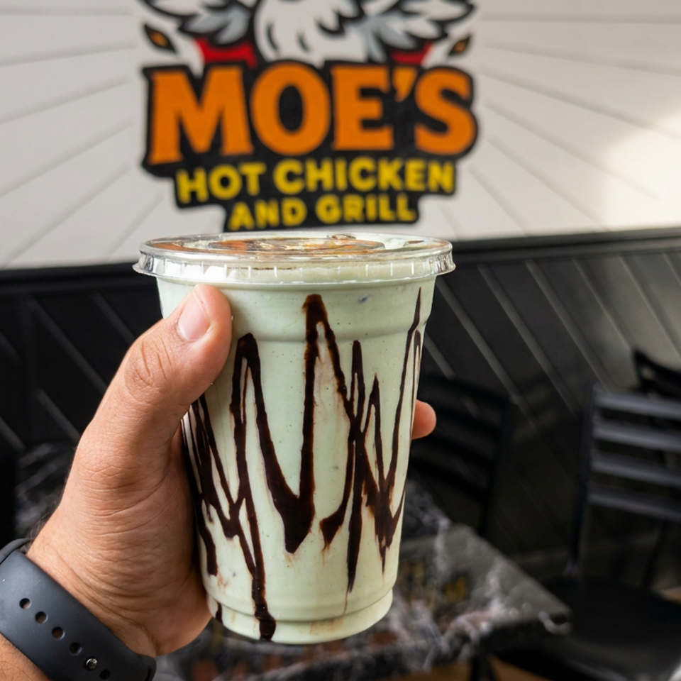 Hand holding a chocolate-drizzled mint milkshake inside Moe’s Hot Chicken and Grill restaurant.