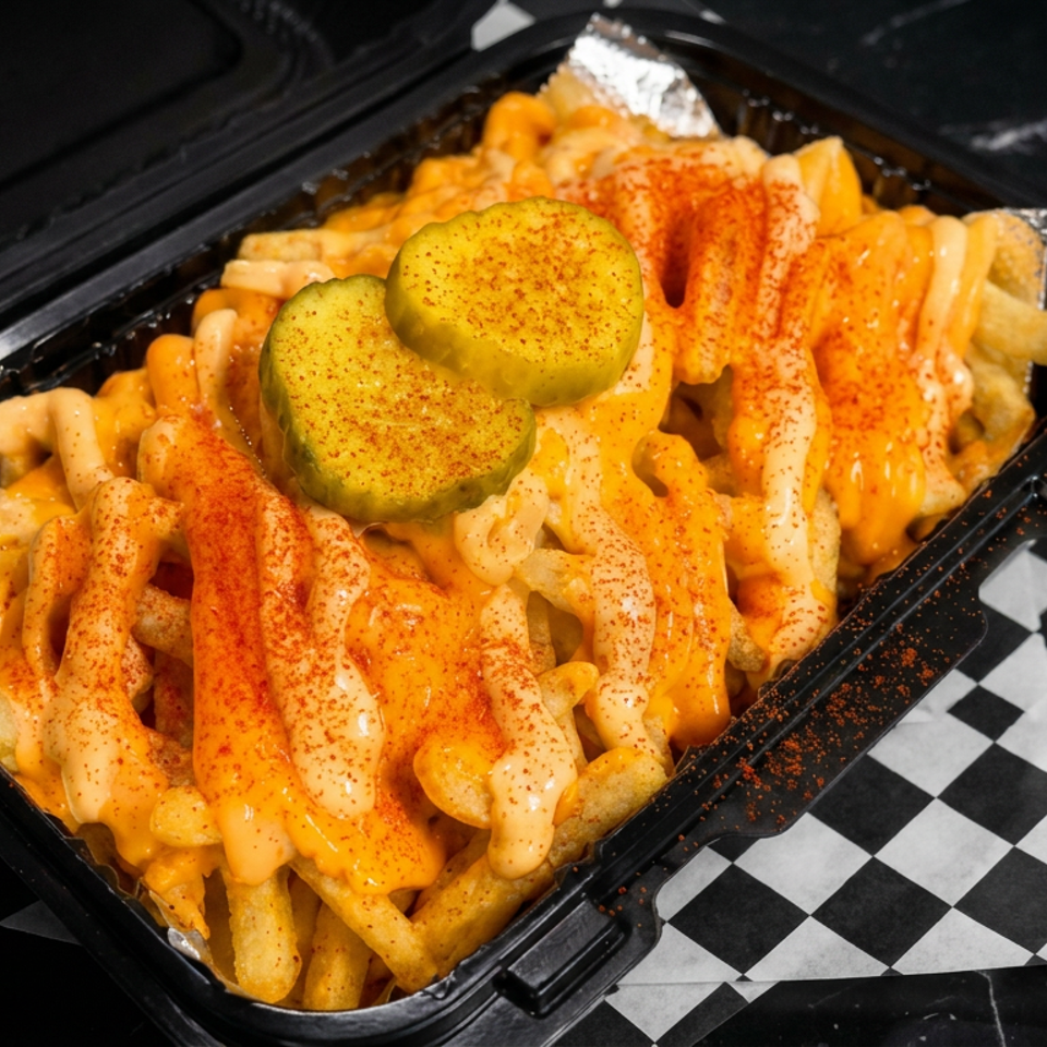 Loaded fries topped with creamy sauces, chili seasoning, and two pickle slices in a black takeout container.