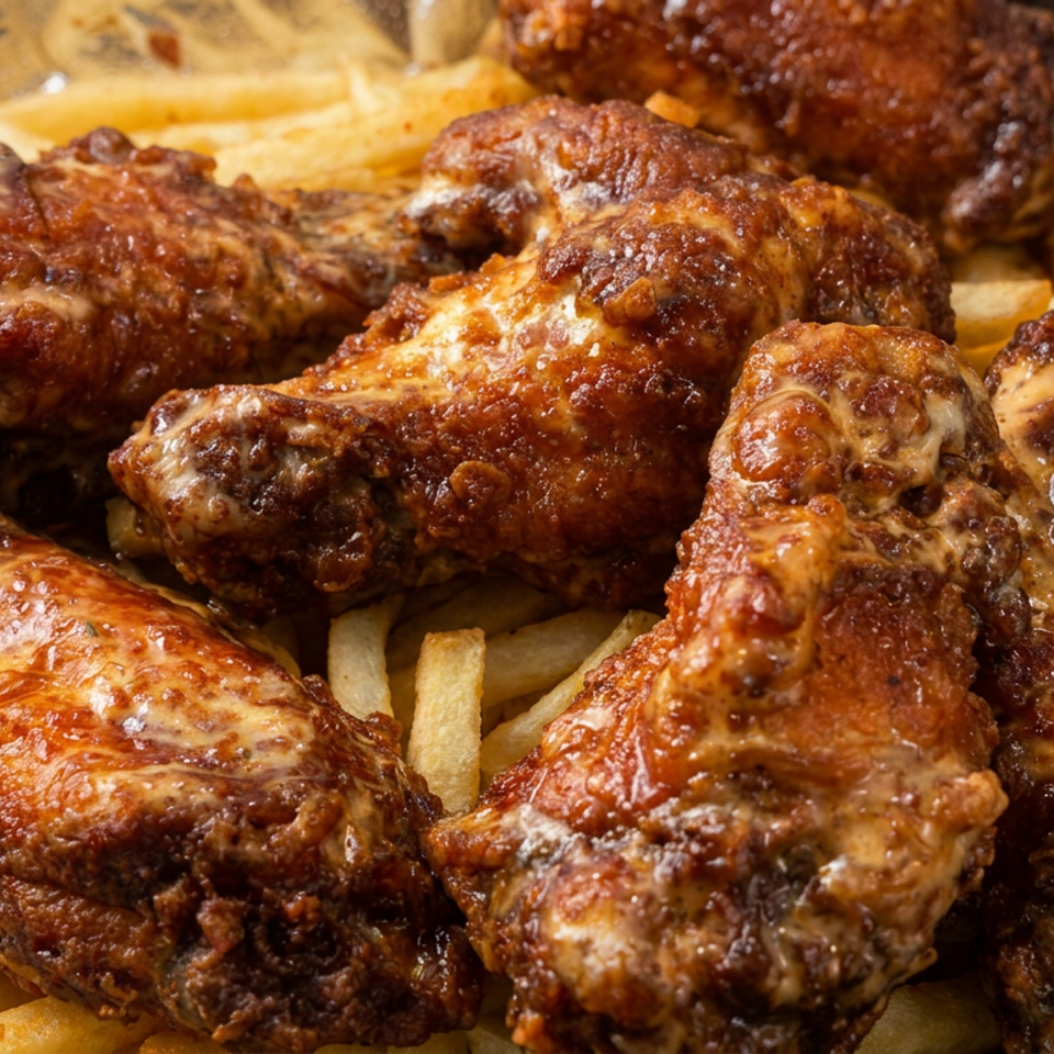 Crispy sauced chicken wings arranged over golden French fries in a foil-lined serving tray.