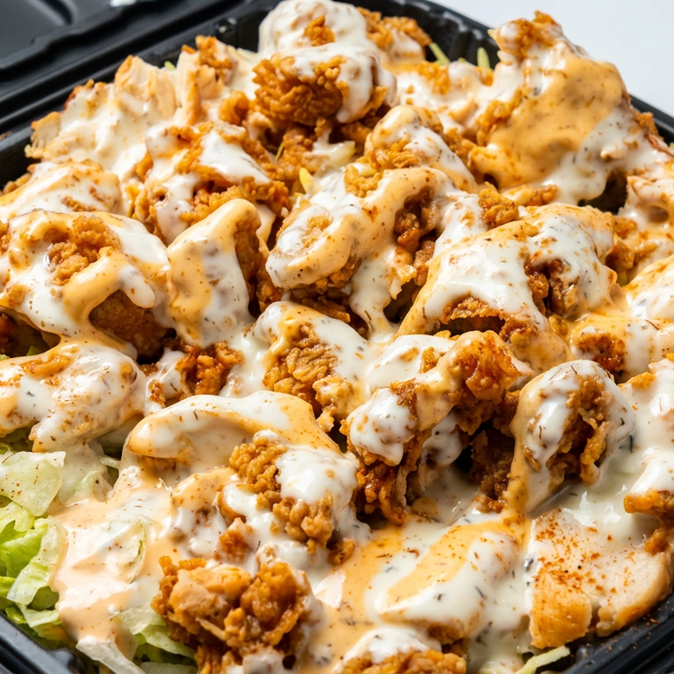 Crispy fried chicken pieces covered in creamy white and orange sauces, served over lettuce and rice in a black takeout tray.