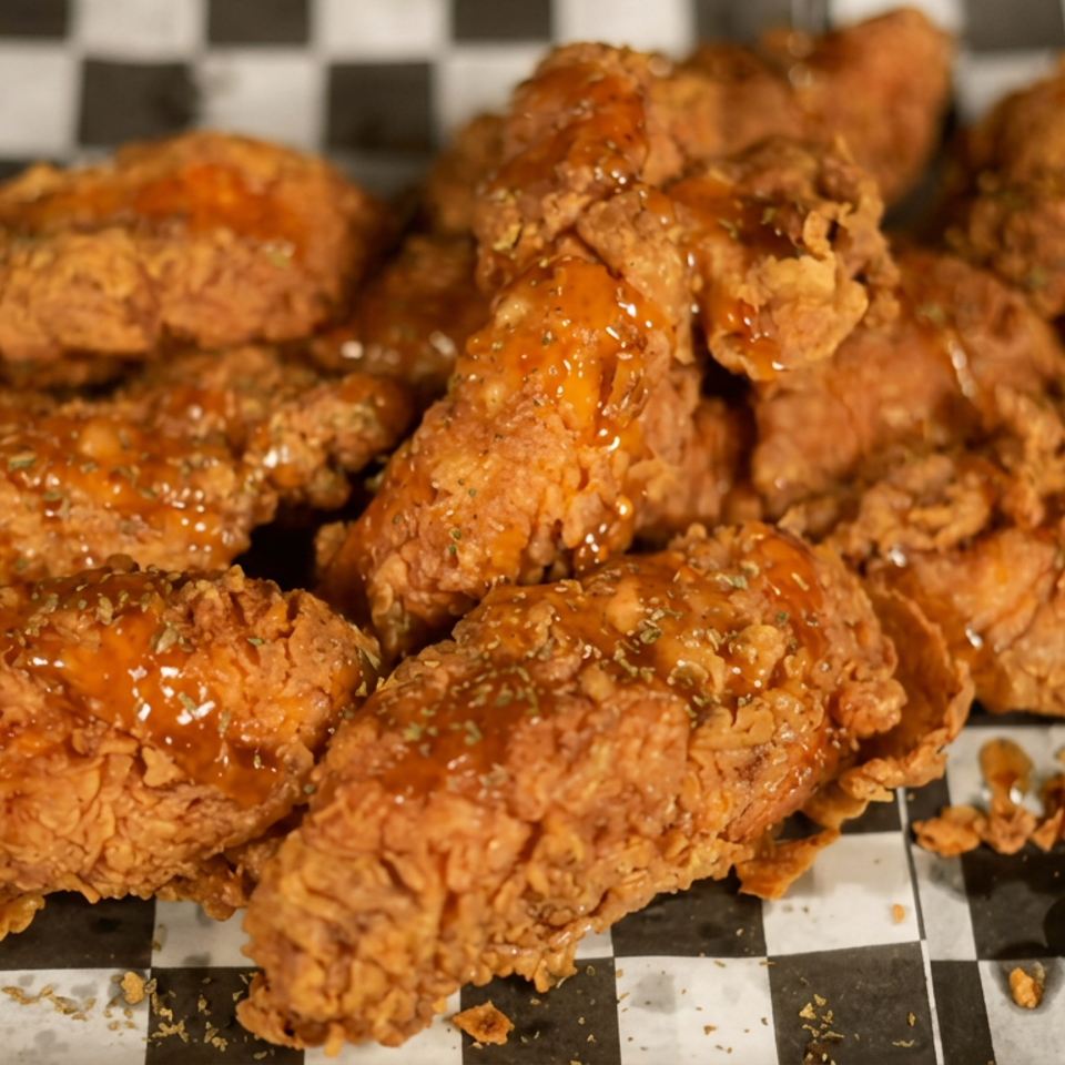 Pile of crispy fried chicken pieces drizzled with glossy sauce and herbs on black-and-white checkered paper.