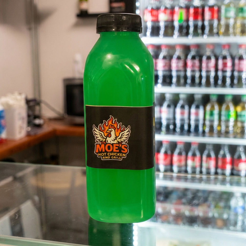 Green Moe’s Hot Chicken and Grill branded bottle displayed on a counter, with a refrigerated drink case in the background.