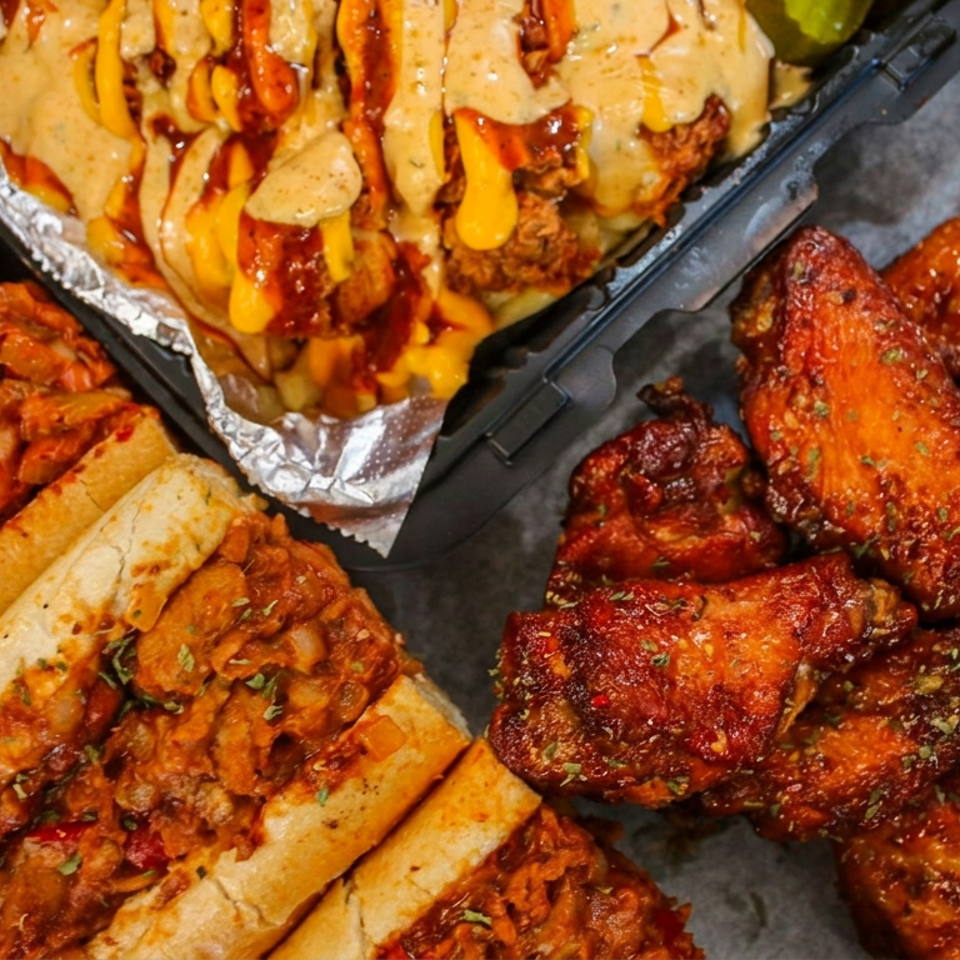 Assortment of saucy pizza slices, loaded flatbread, and glazed chicken wings arranged in takeout trays.