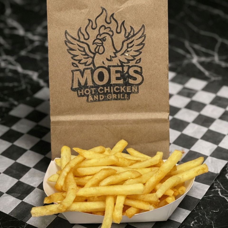 Basket of golden fries on black-and-white checkered paper beneath a Moe’s Hot Chicken and Grill branded bag.