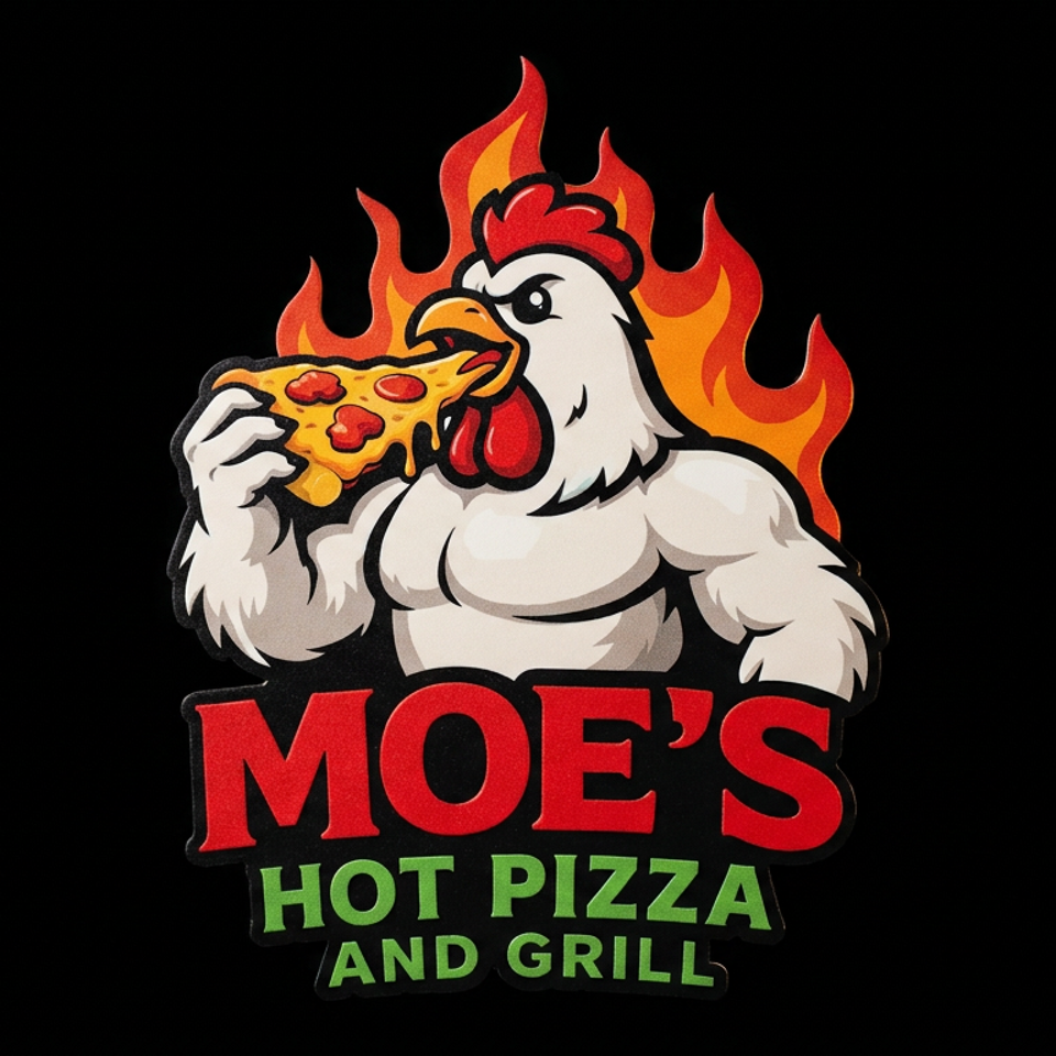 Moe’s Hot Pizza and Grill logo featuring a muscular rooster eating pepperoni pizza amid flames.