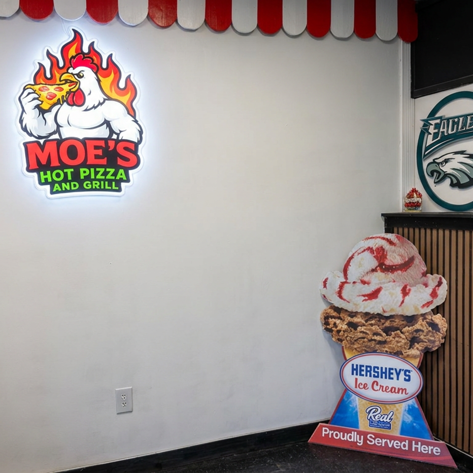 Moe’s Hot Pizza and Grill interior featuring a glowing chicken logo, Eagles sign, greenery, and Hershey’s ice cream display.