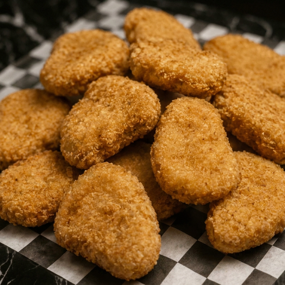 Pile of golden-brown breaded chicken nuggets on black-and-white checkered paper atop a dark marble table.
